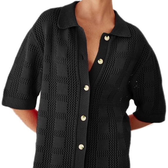 Crochet Dress Short Sleeve V Neck Button Up Casual Mini Shirt Dress S - Picture 2 of 13